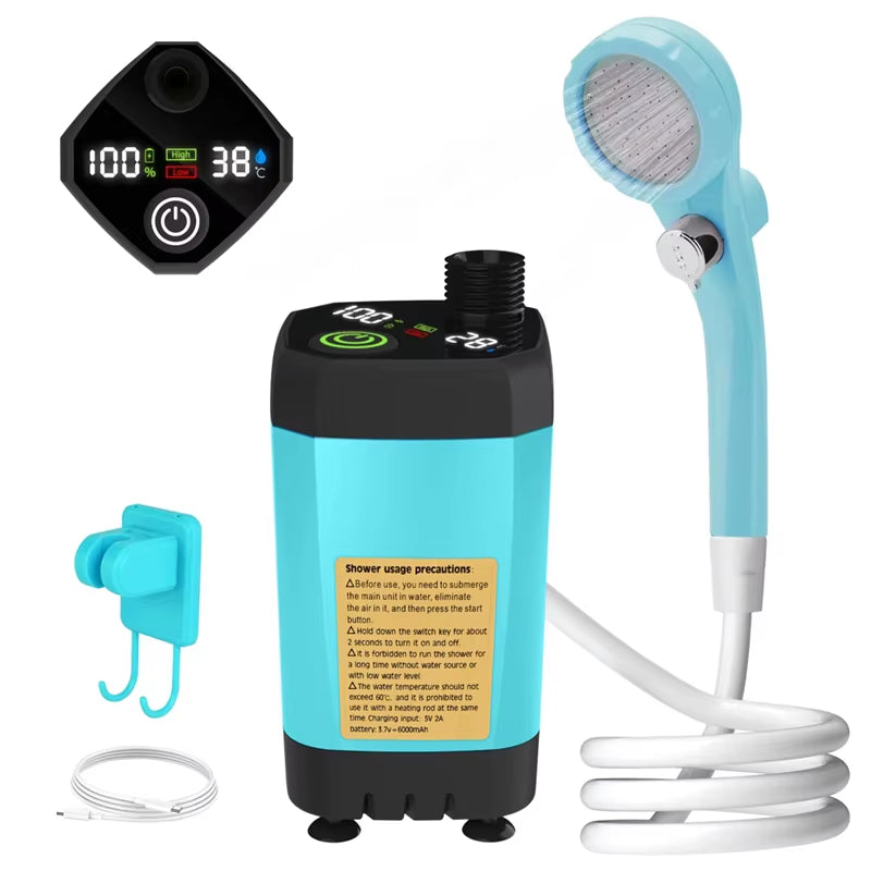 Camping Shower Pump RV Outdoor Shower Kit Camp Shower W/Full Screen Intelligent Digital Display Adjustable 6000Mah Shower Kit