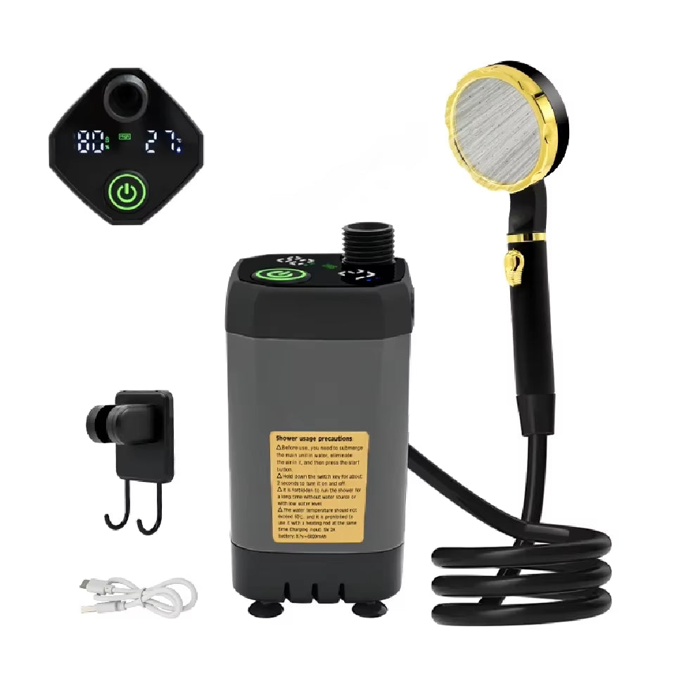 Camping Shower Pump RV Outdoor Shower Kit Camp Shower W/Full Screen Intelligent Digital Display Adjustable 6000Mah Shower Kit