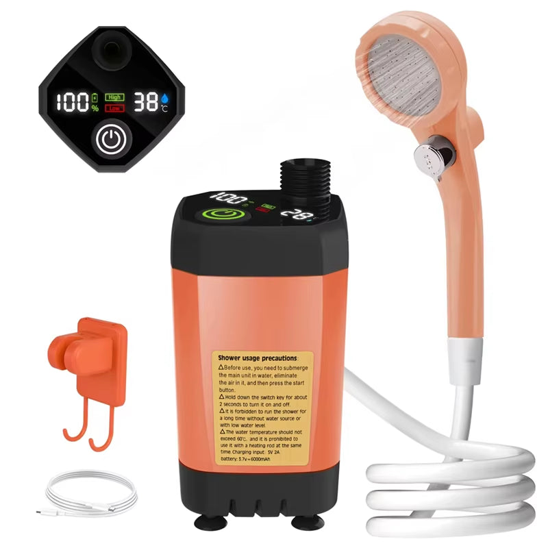 Camping Shower Pump RV Outdoor Shower Kit Camp Shower W/Full Screen Intelligent Digital Display Adjustable 6000Mah Shower Kit