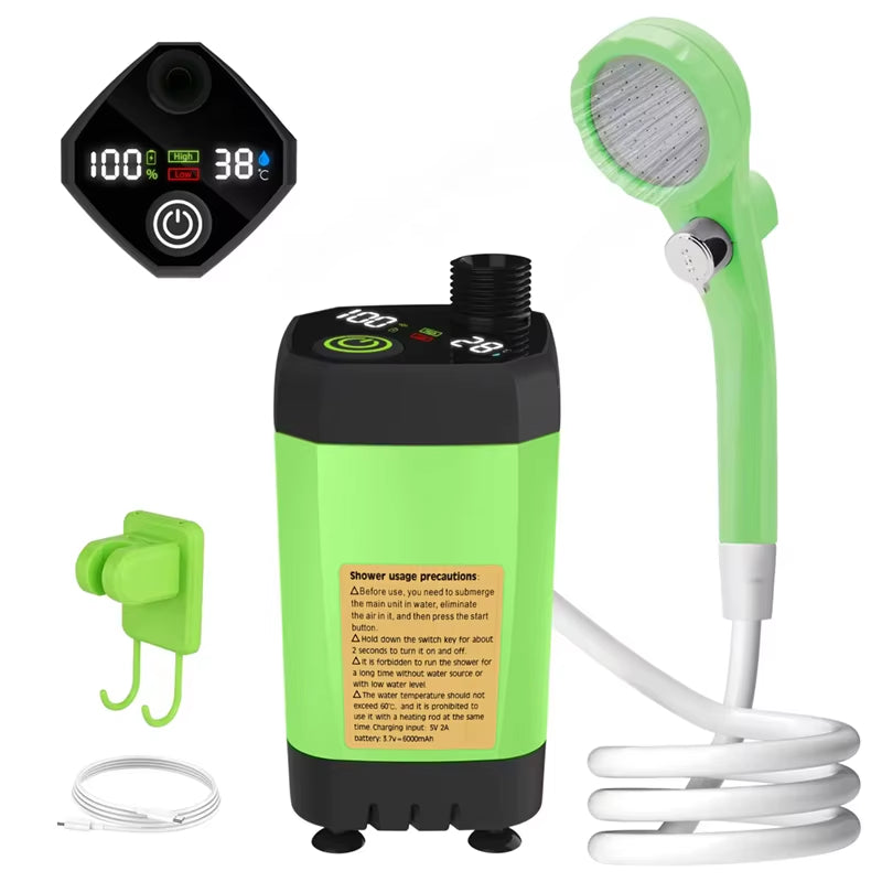 Camping Shower Pump RV Outdoor Shower Kit Camp Shower W/Full Screen Intelligent Digital Display Adjustable 6000Mah Shower Kit